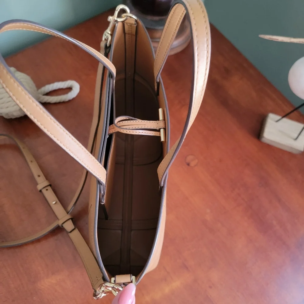 Tory Burch Block-T Small Tote Camel Leather Crossbody Bag
